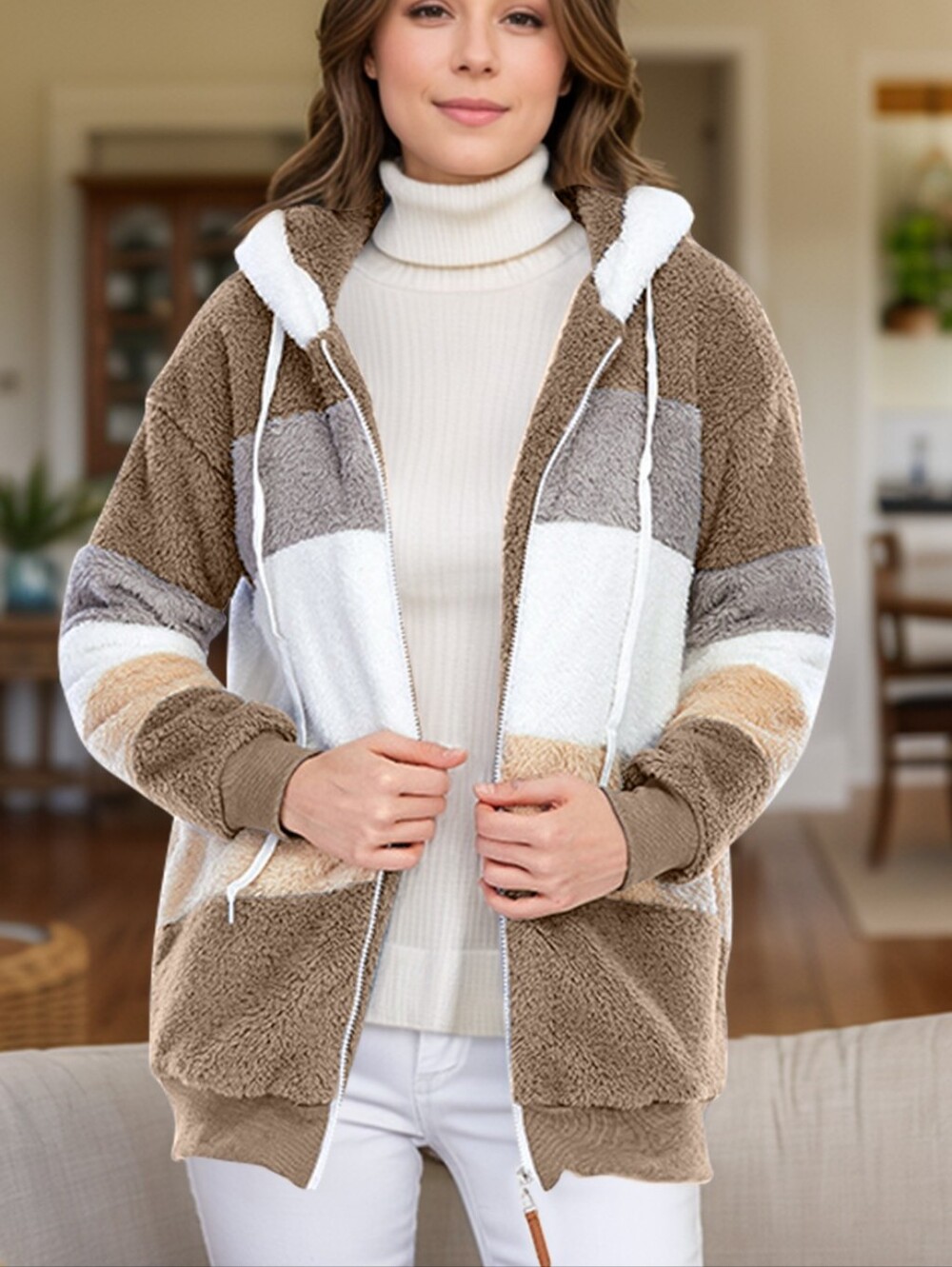 Everleigh Color Block Sherpa Hoodie - Taupe